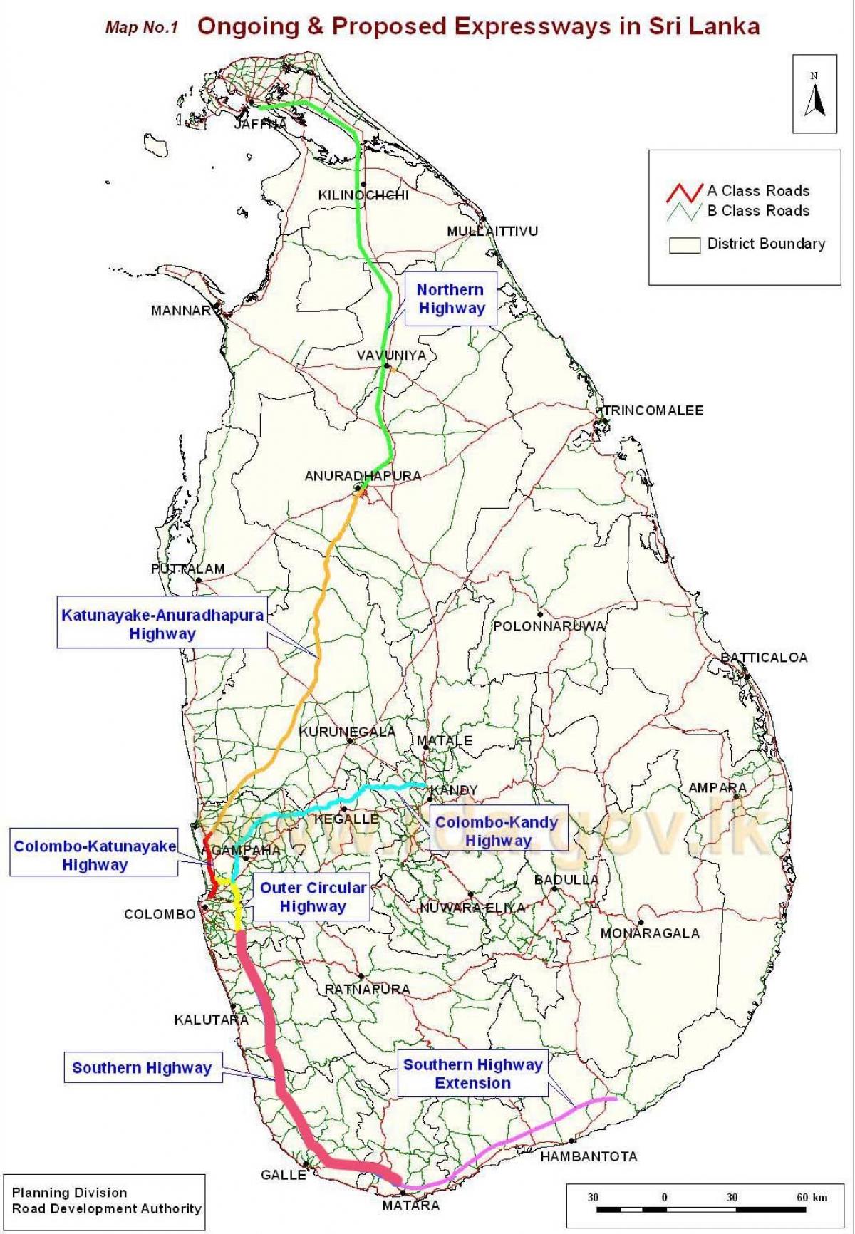 नया राजमार्ग का मानचित्र श्रीलंका में