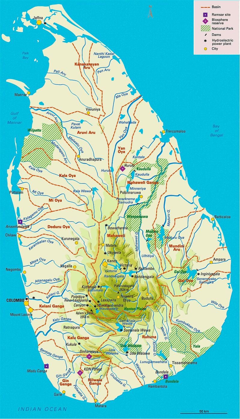 का मानचित्र श्रीलंका के जलाशयों